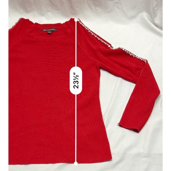 INC Red Knit Sweater Rhinestones & Beads Down Cold Shoulder Sleeve Size PM - Picture 9 of 9